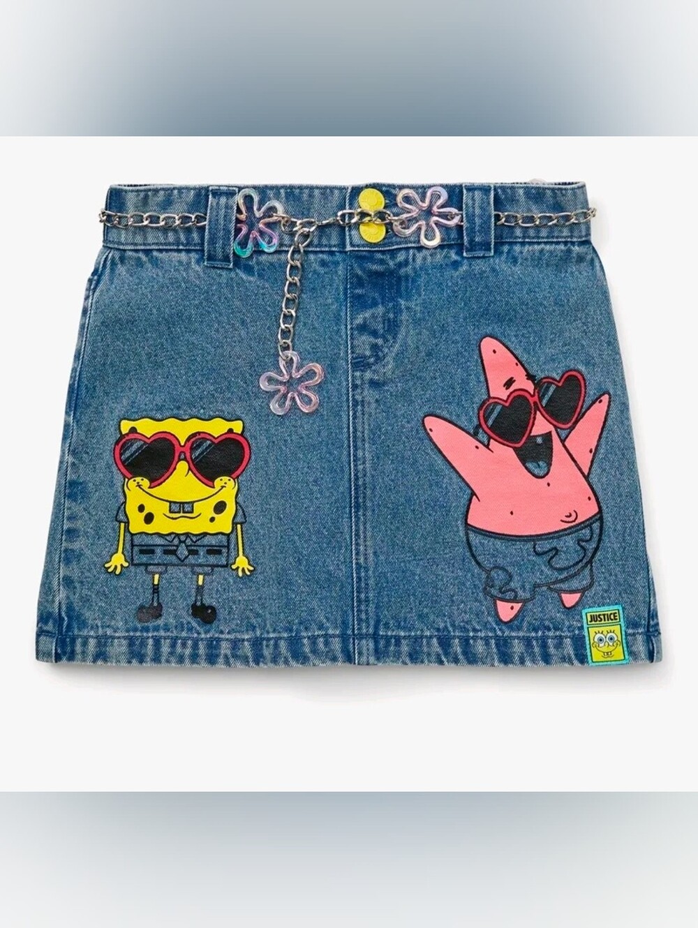 Justice Blue Denim Mini Skirt With Chain And Flowert Details . Size M. Bob Spong